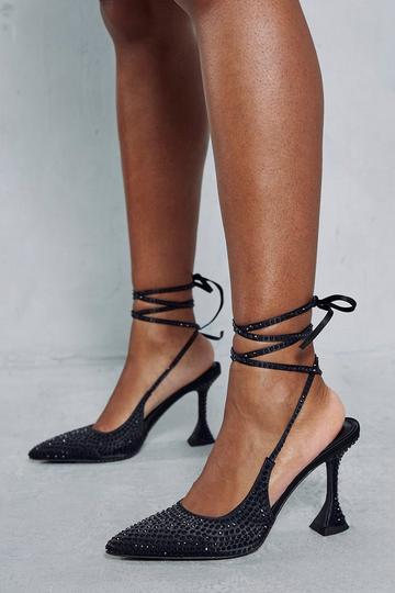Black Diamante Embellished Strappy Mid Heels
