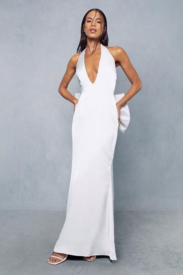 Ivory White Premium Satin Halterneck Backless Bow Detail Gown