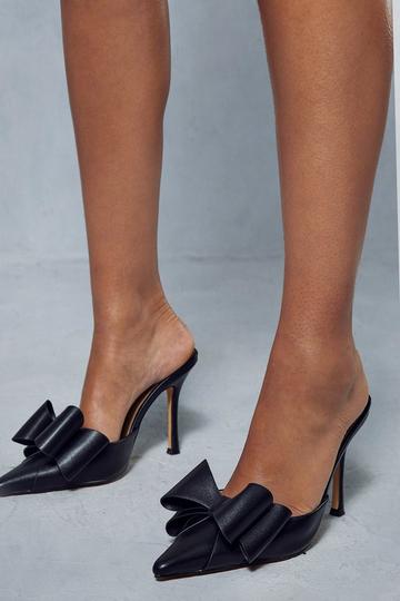 Black Leather Look Oversized Bow Mules