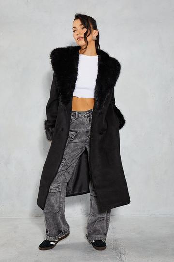 Premium Faux Fur Collar Trim Wool Look Coat black