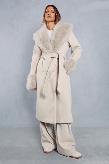 Cream White Premium Faux Fur Collar Trim Wool Look Coat
