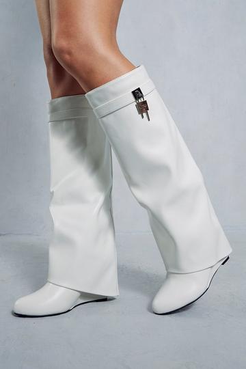 Leather Look Fold Over Padlock Boots white