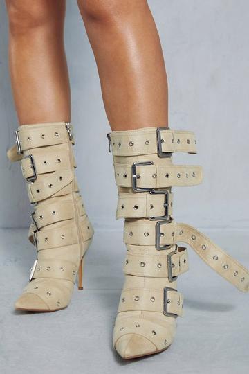 Buckle Detail Faux Suede Boots cream