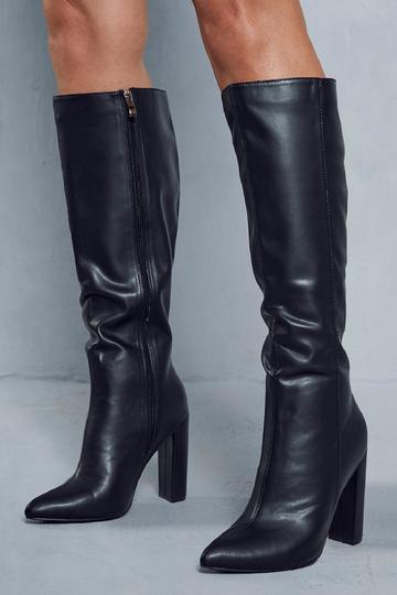 Black Leather Look Block Heel Knee High Boots