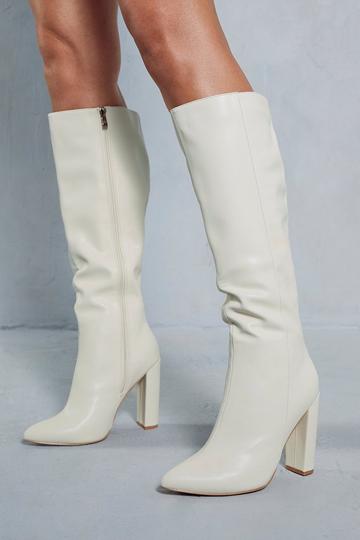 Cream White Leather Look Block Heel Knee High Boots