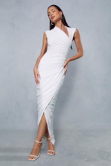 White Mesh Ruched Cut Out Detail Wrap Midaxi Dress