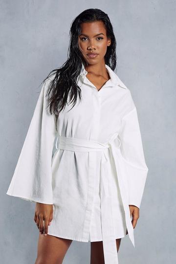Poplin Extreme Kimono Sleeve Belted Shirt Dress white