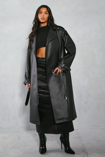 Premium Oversized Leather Look Long Line Biker Jacket black