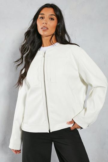 White Distressed Leather Look Moto Panelled Jacket