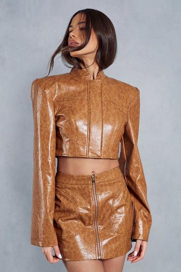 Crackle Leather Look Structured Cropped Jacket tan