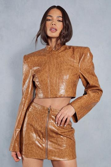 Tan Brown Crackled Leather Look Micro Mini Skirt