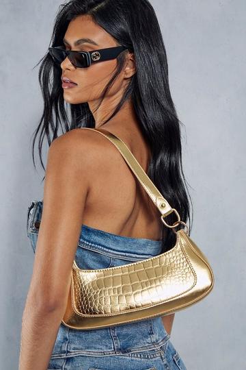 Gold Metallic Metallic Croc Leather Look Grab Bag