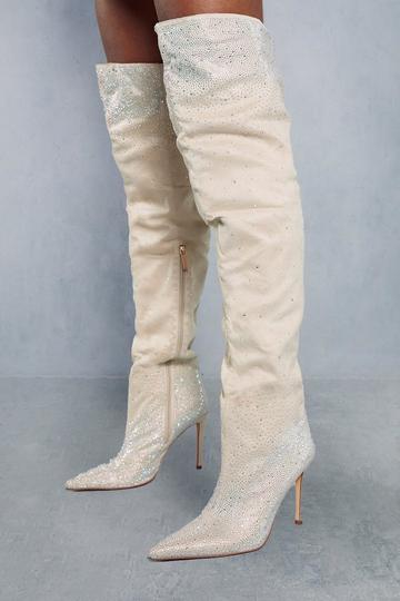 Cream White Embellished Over The Knee Pointed Boots