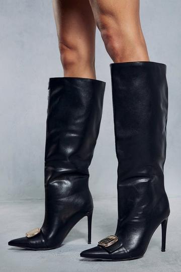 Black Leather Look Knee High Buckle Boots