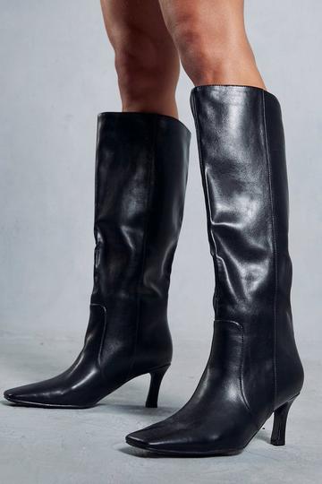 Black Leather Look Knee High Low Heel Boots