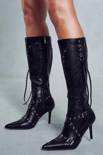 Leather Look Buckle Detail Knee High Boots black
