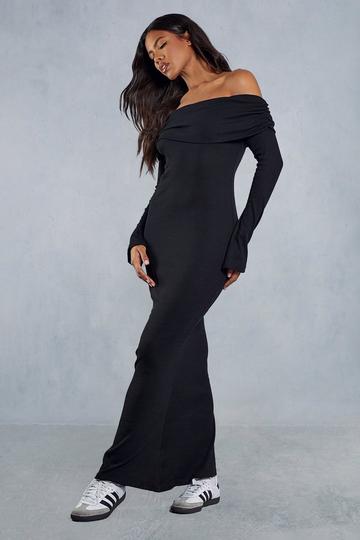 Fold Over Bardot Rib Maxi Dress black
