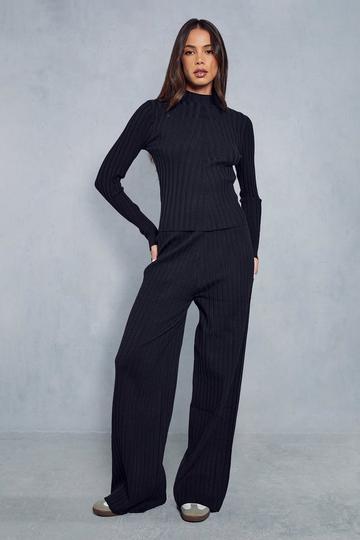 Knitted Wide Ribbed High Neck Top & Trousers Co-ord black