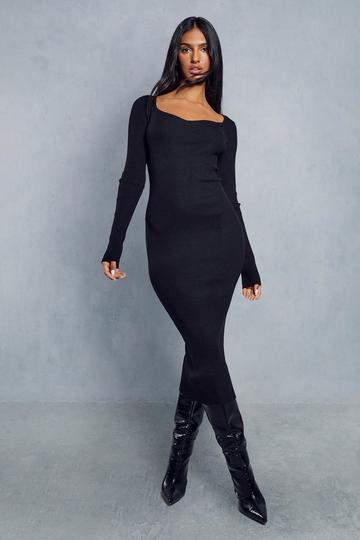 Knitted Sweetheart Neckline Midi Dress black