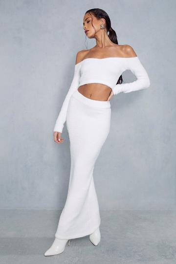 Premium Fluffy Bardot Maxi Skirt Co-ord white