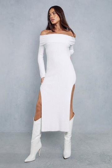White Premium Fluffy Bardot Split Leg Maxi Dress