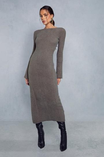 Premium Fluffy Knitted Backless Split Detail Maxi Dress khaki
