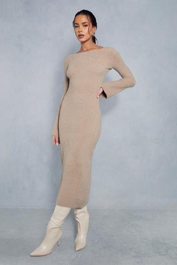 Premium Fluffy Knitted Backless Split Detail Maxi Dress stone
