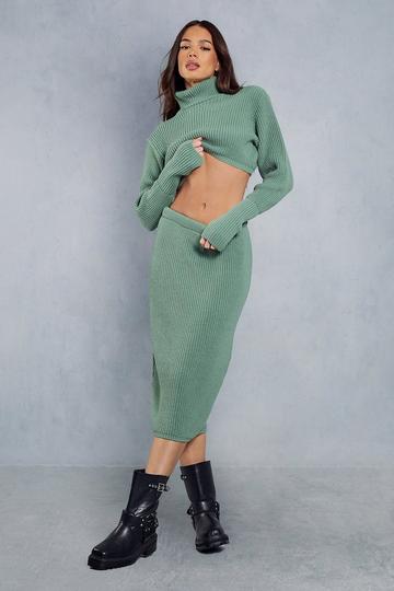 Sage Green Knitted High Waist Midi Skirt