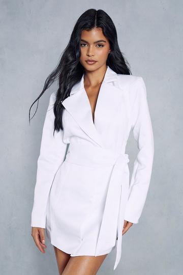 White Tailored Satin Belted Blazer Dress