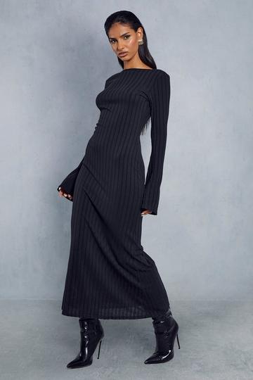Black Ribbed Flare Sleeve Open Back Maxi Dress