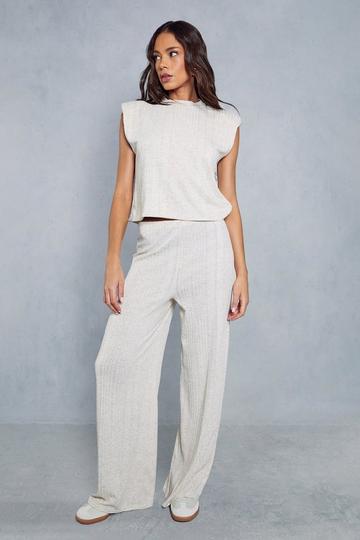 Ribbed Marl Boxy Shoulder Pad Trouser Co Ord stone