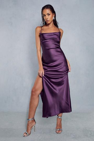 Purple Satin Lace Up Back Cowl Neck Split Leg Maxi Dress
