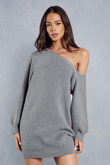 Grey Knitted Oversized Off The Shoulder Jumper Dress