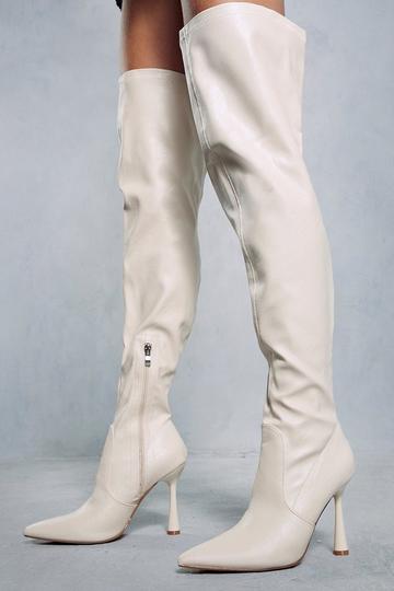 Cream White Leather Look Over The Knee Boots