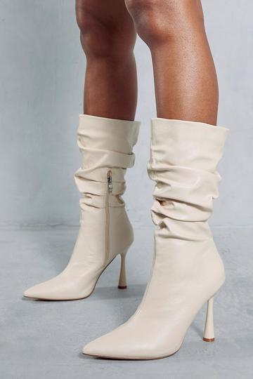 Beige Leather Look Ruched Ankle Boots