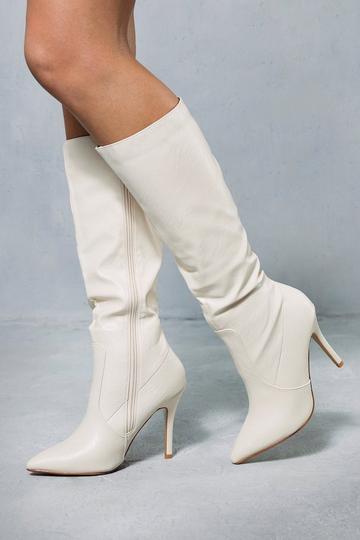 Leather Look Knee High Pointed Boots cream
