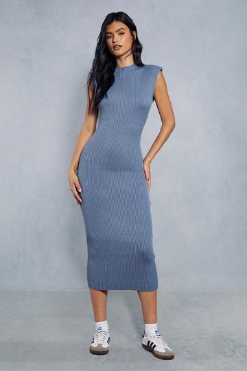 Knitted Ribbed Shoulder Pad Detail Maxi Dress blue