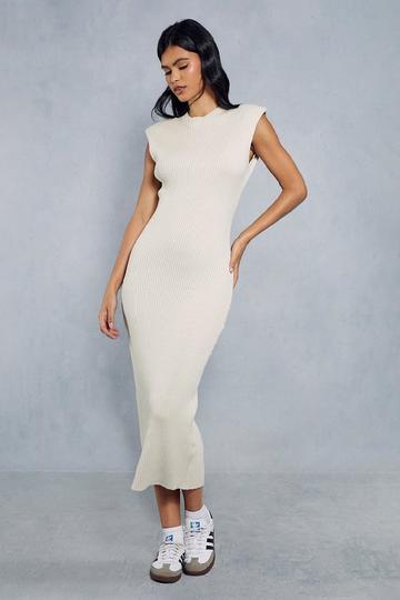 Knitted Ribbed Shoulder Pad Detail Maxi Dress stone