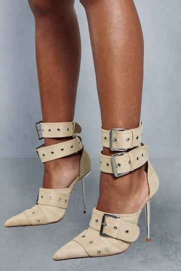 Tan Brown Double Strap Buckle Heels