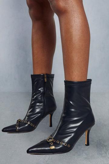 Black Buckle Detail Heeled Ankle Boots