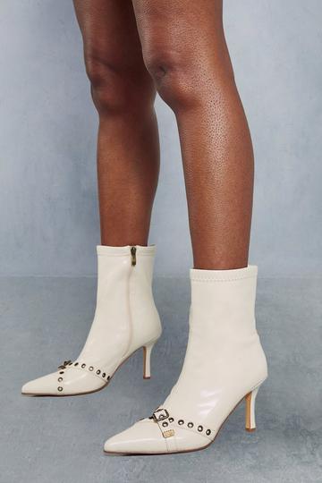 Cream White Buckle Detail Heeled Ankle Boots