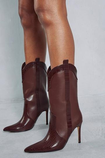 Leather Look Western Heeled Boots chocolate