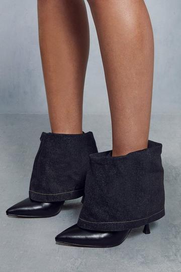 Denim Fold Over Heeled Ankle Boots black