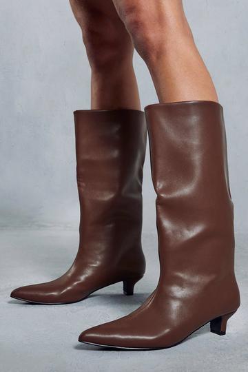 Brown Leather Look Low Heel Knee High Boots