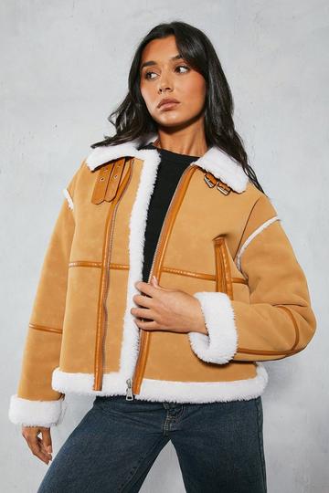 Tan Brown Textured Leather Look Panelled Aviator Coat