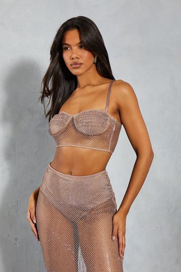 Diamante Fishnet Ruched Bust Strappy Bralet taupe