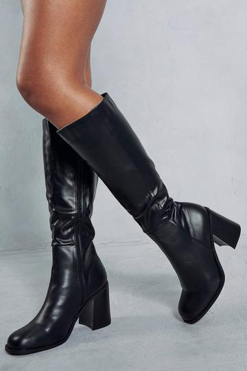 Black Leather Look Square Toe Knee High Boots
