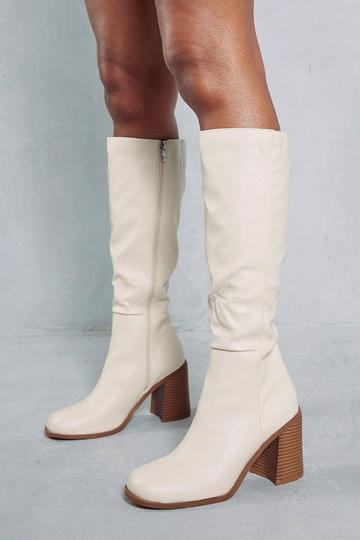 Cream White Leather Look Square Toe Knee High Boots