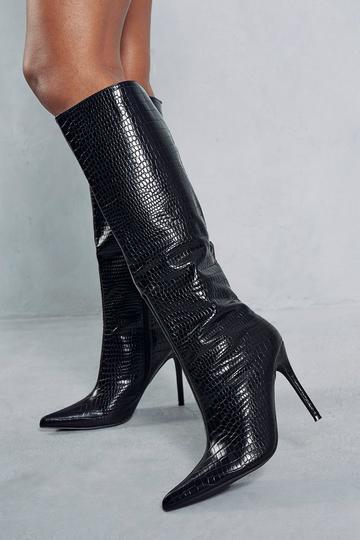 Black Croc Leather Look Pointed Knee High Boots