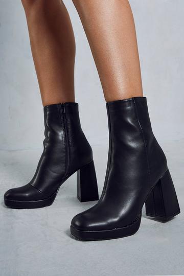 Black Leather Look Block Heel Ankle Boots